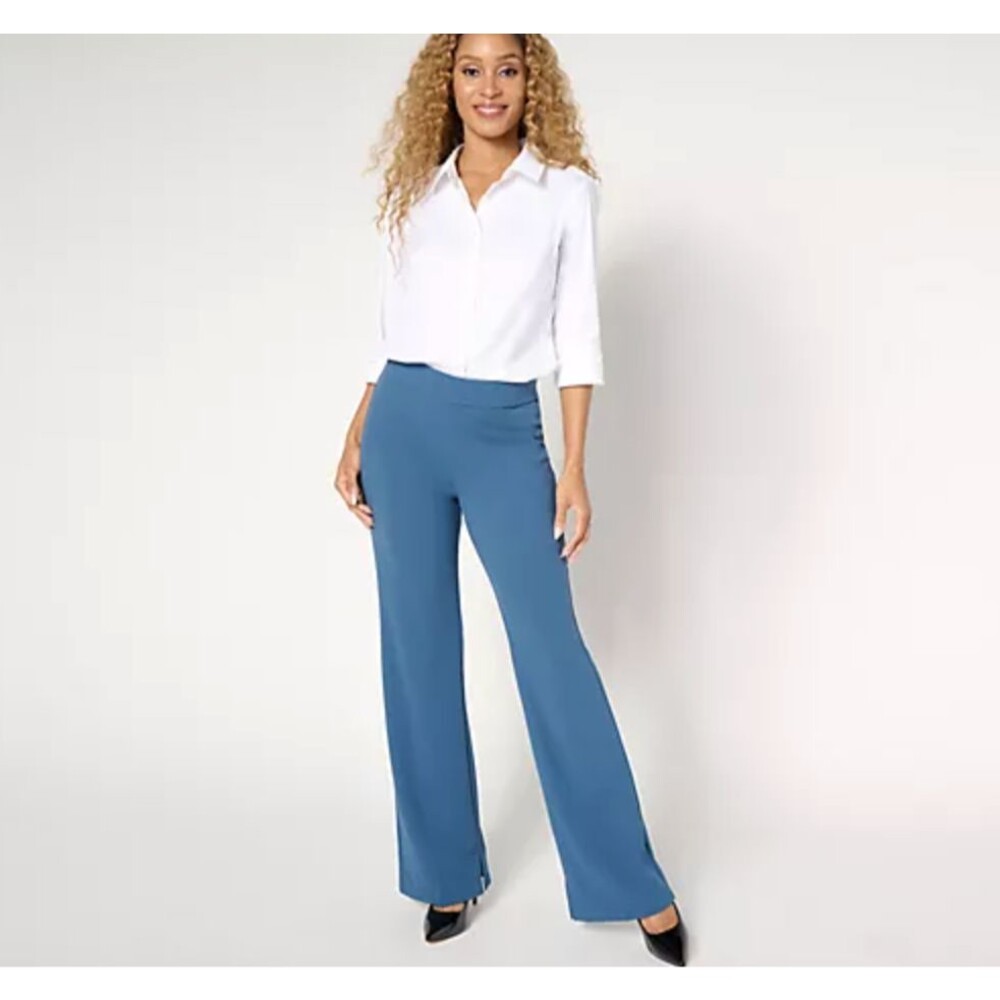Dennis Basso PL 14 Petite Pants Luxe Crepe Pull On Bootcut Blue XL